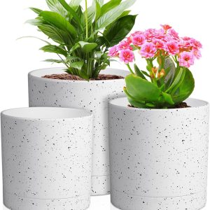 6/5/4 inch Plant Pots, 3 Pack Cylinder Flower Pots for Small Indoor Outdoor Plants, Plastic Planters with Drainage Holes and Saucers for Garden Succulent House Plants, Speckled White