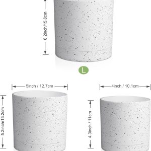 6/5/4 inch Plant Pots, 3 Pack Cylinder Flower Pots for Small Indoor Outdoor Plants, Plastic Planters with Drainage Holes and Saucers for Garden Succulent House Plants, Speckled White