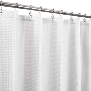 Waffle Weave White Shower Curtain Hotel Luxury Quality, Fabric Shower Curtains for Bathroom, Pique Pattern Cloth, Water Repellent and Machine Washable, Standard Size 71″ x 72″